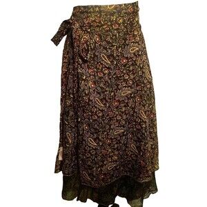 VTG Kariza silk wrap reversible earthy boho fairycore midi magic skirt layered